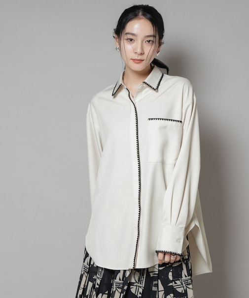 トリミング刺繍ツイルシャツ