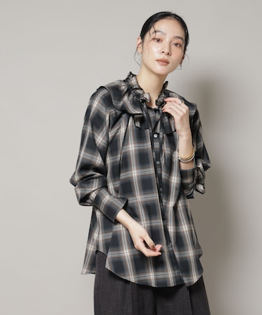 オンブレーチェックフリルカラーブラウス
