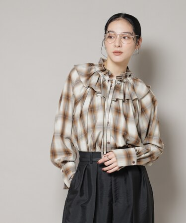 オンブレーチェックフリルカラーブラウス