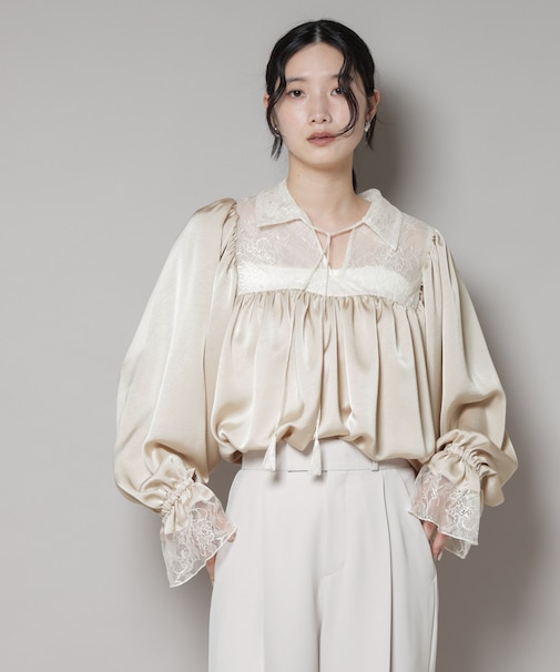 レースコンビギャザーブラウス