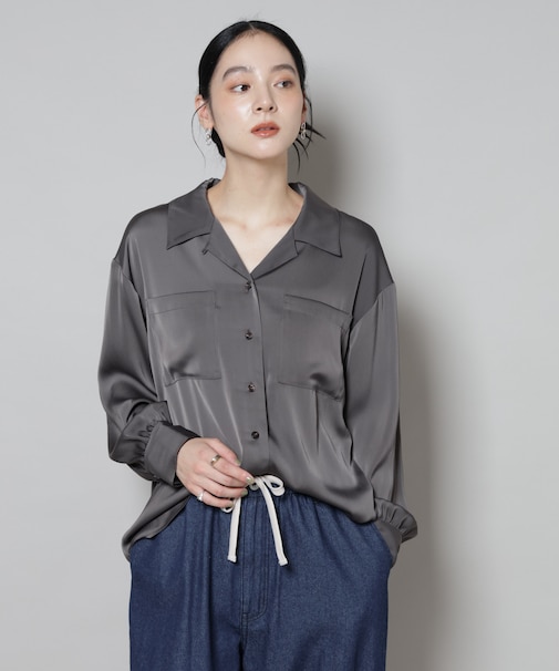 サテンオープンカラーシャツ(セットアップ可)