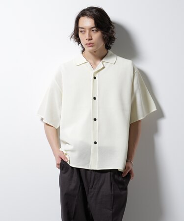 スポンディッシュ メッシュオープンカラーニットシャツ