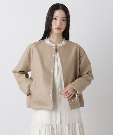 フェイクレザーパールドットノーカラージャケット