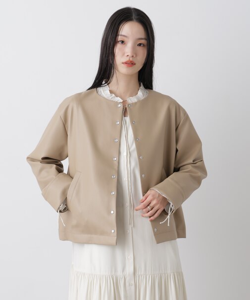 フェイクレザーパールドットノーカラージャケット