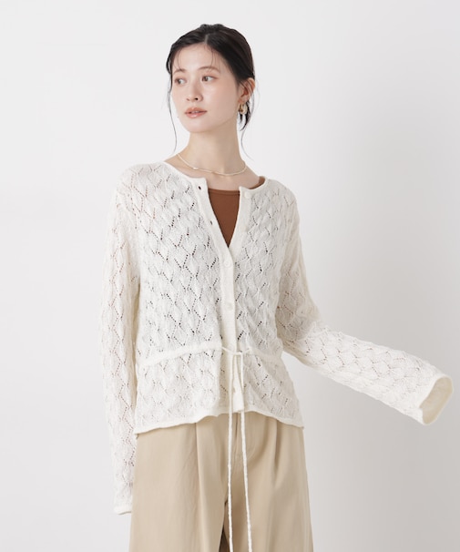 透かし柄ペプラムニットカーディガン