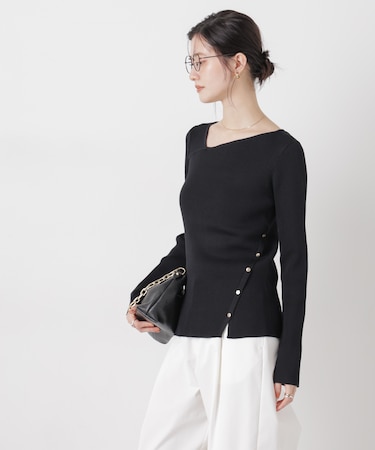 洗濯機洗可アシンメトリーネックデザインリブニット