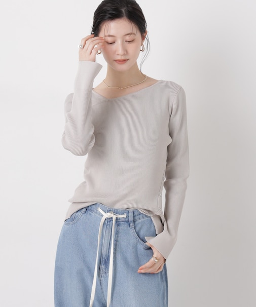 洗濯機洗可アシンメトリーネックデザインリブニット