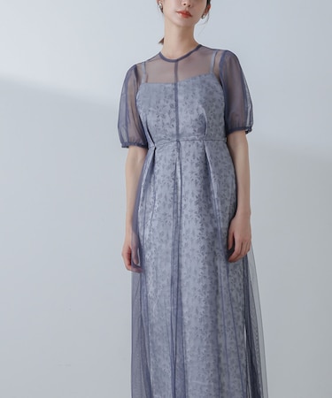 kaene/プリントジャガード×チュールドレス