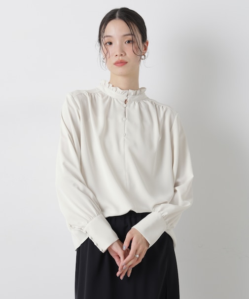 前後2wayスタンドカラーギャザーブラウス