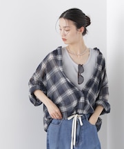 シアーチェックプリントピンタックスタンドカラーブラウス