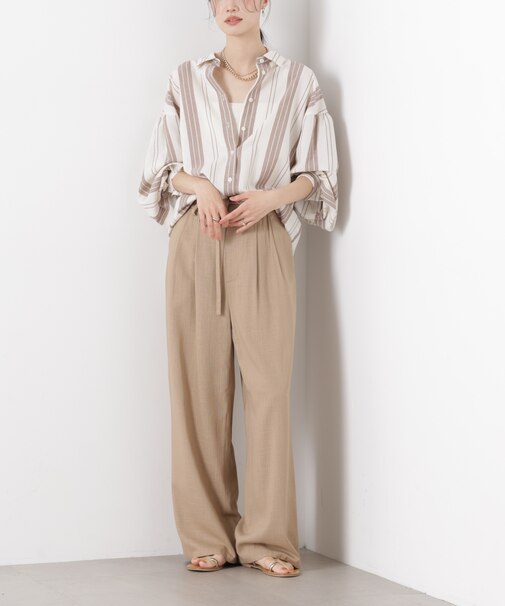 多機能リネン混リボンベルト付タックワイドパンツ(セットアップ可)