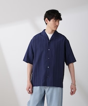 リネンブレンドピンストライプワイドカラーシャツ（セットアップ可)