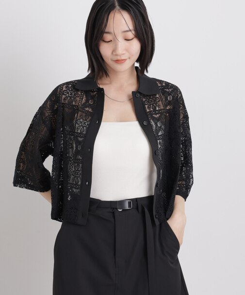 幾何柄レース半袖シャツ(セットアップ可)
