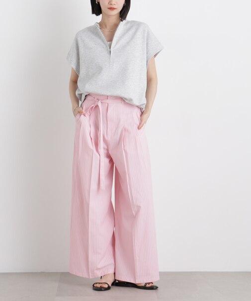 ドビーストライプベルト付タックワイドパンツ(セットアップ可)