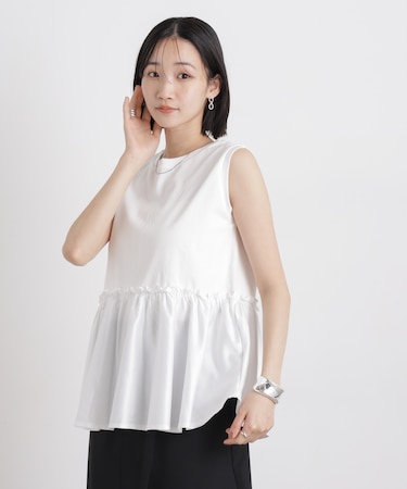 サテンペプラム異素材コンビノースリーブカットトップス