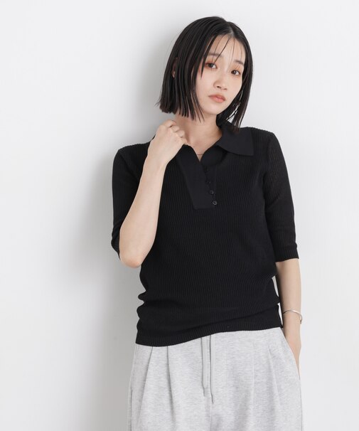 ソフトシアーランダムリブ衿付きニット