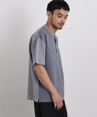 オーバーダイジャガードストライプヘンリーTシャツ 半袖
