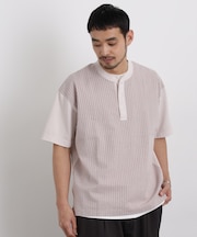 オーバーダイジャガードストライプヘンリーTシャツ 半袖