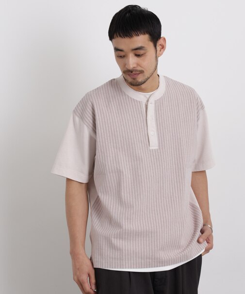 オーバーダイジャガードストライプヘンリーTシャツ 半袖