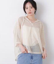 キーネックメッシュフーディートップス