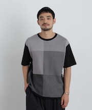 切替チェックニットTシャツ 半袖