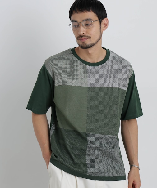 切替チェックニットTシャツ 半袖