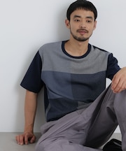 切替チェックニットTシャツ 半袖