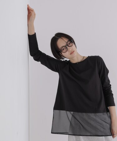 オーガンジーヘム切り替えロングスリーブTシャツ