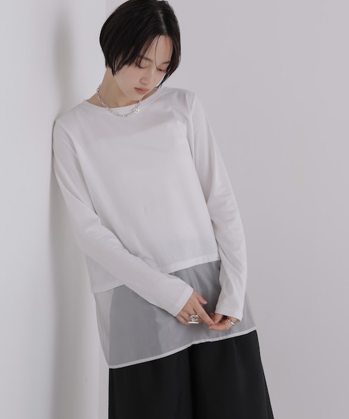 オーガンジーヘム切り替えロングスリーブTシャツ