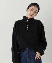 ハイネックヘンリースウェットライクニットトップス