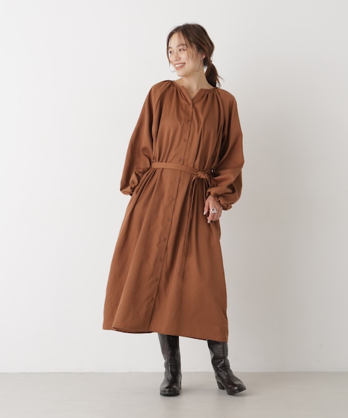 【週末限定セール】HOUGA レッド 長袖 ギャザー ワンピース ボリュームスリーブギャザーワンピース｜ナノ_ユニバースの