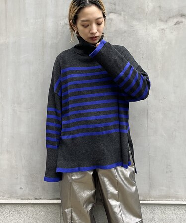 ワイドスリーブボーダーハイネックニットプルオーバー