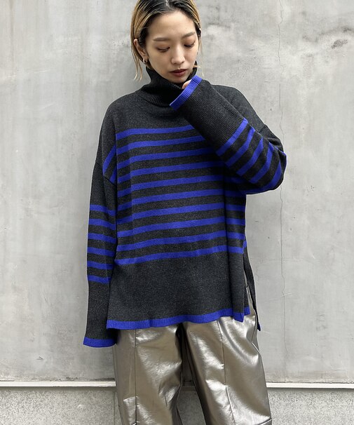 ワイドスリーブボーダーハイネックニットプルオーバー