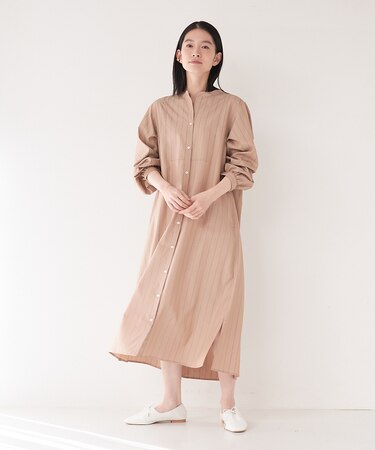 <手洗い可能>ストライプフレアシャツワンピース
