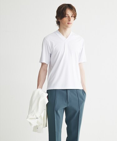 【シルク混】ストレッチ ポンチ Vネック ドレス 半袖Tシャツ