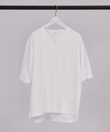 【リネン混】オーバーサイズ Vネック Tシャツ / キーネック