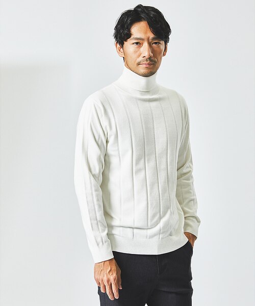 BOSS ストライプ タートルネックニット カシミアタッチ】シャドーストライプ タートルネック ニット