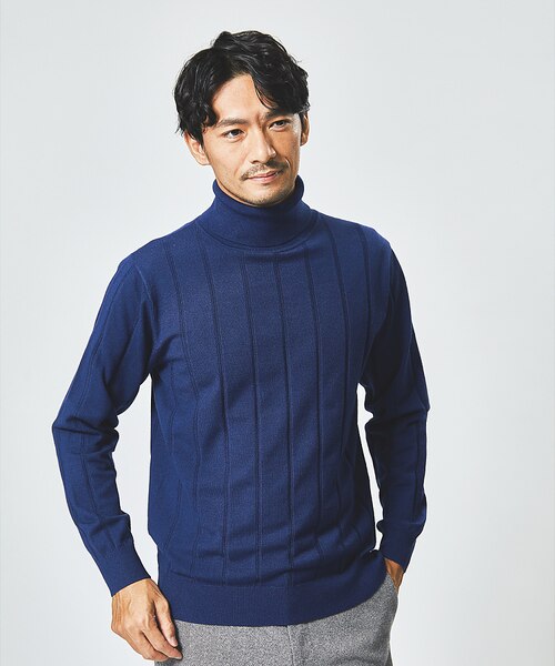 BOSS ストライプ タートルネックニット カシミアタッチ】シャドーストライプ タートルネック ニット