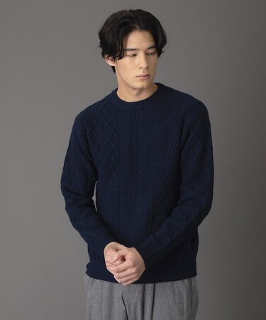 パッチワーク アラン プルオーバー クルーネックニット