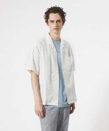 【刺繍】リーフ柄 オープンカラー 半袖シャツ