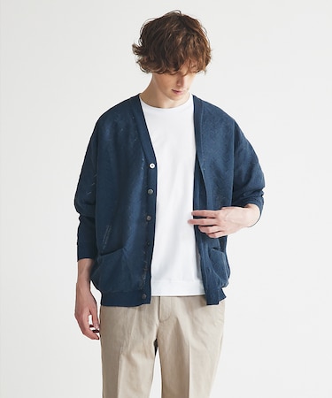 【リネン混】透かし編み シアー カーディガン