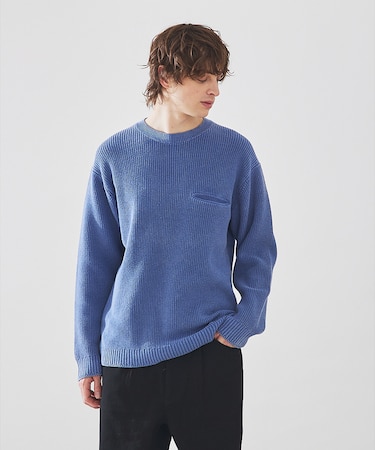 畦編みフェードカラー コットン プルオーバー クルーネックニット