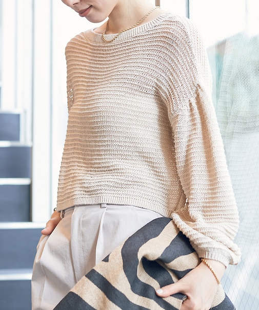 麻混 変形天竺ニットプルオーバー