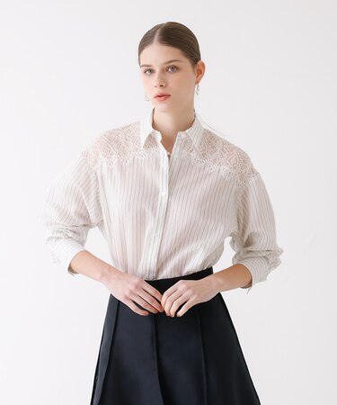 レース付きストライプ柄ロングシャツ