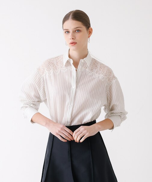 レース付きストライプ柄ロングシャツ