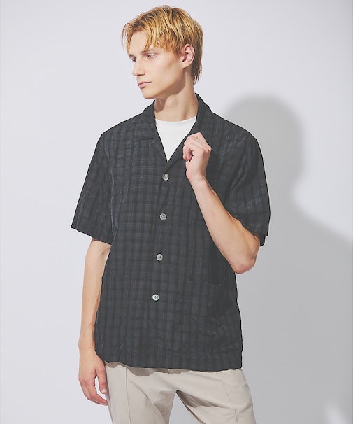 【超軽量】シアー オープンカラー チェックシャツ