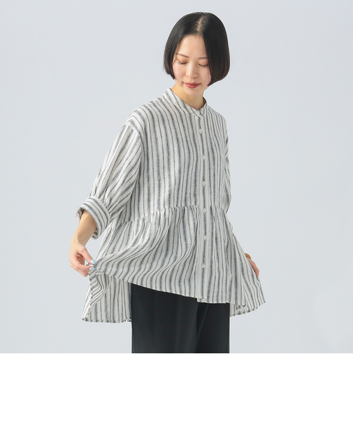 裾ギャザー 麻混シャツブラウス