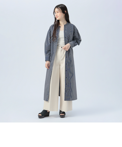 ベルト付き スキッパー ストライプ シャツワンピース