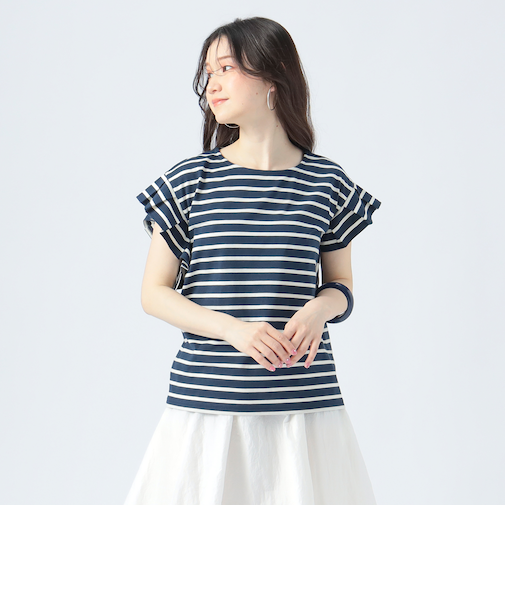 袖タック ボーダー プルオーバー