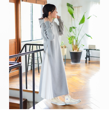 サイド プリーツ フーディー ワンピース